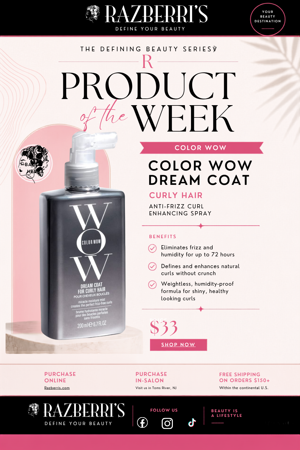 Color Wow Dream Coat for Curly Hair anti-frizz curl-enhancing spray featured by Razberris Hair, Nail & Spa in Toms River, NJ