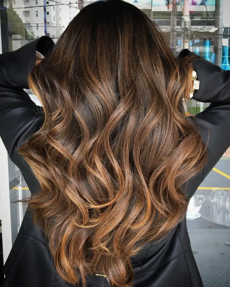 Woman with long, wavy brunette hair featuring sun-kissed balayage highlights, styled at Razberris Salon in Toms River, NJ.