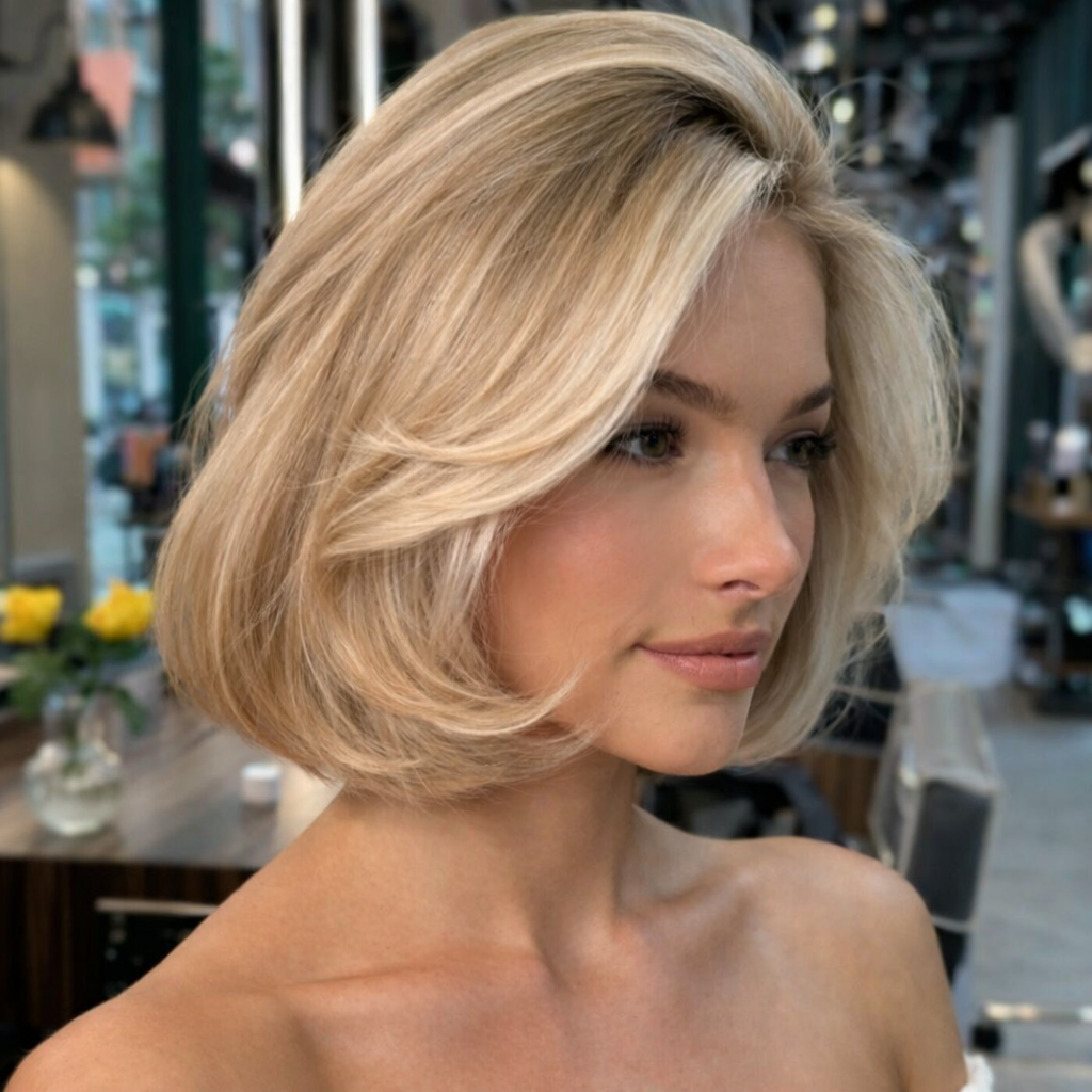 Luxury blonde bob haircut with soft volume and precision layering, styled at Razberris Hair, Nail & Spa Salon in Toms River, NJ, showcasing a modern 2026 bob cut trend