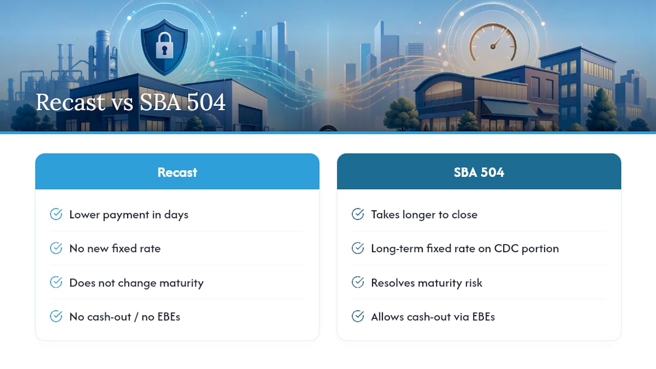 Diagram comparing informal recast and SBA 504 refinance pros and cons
