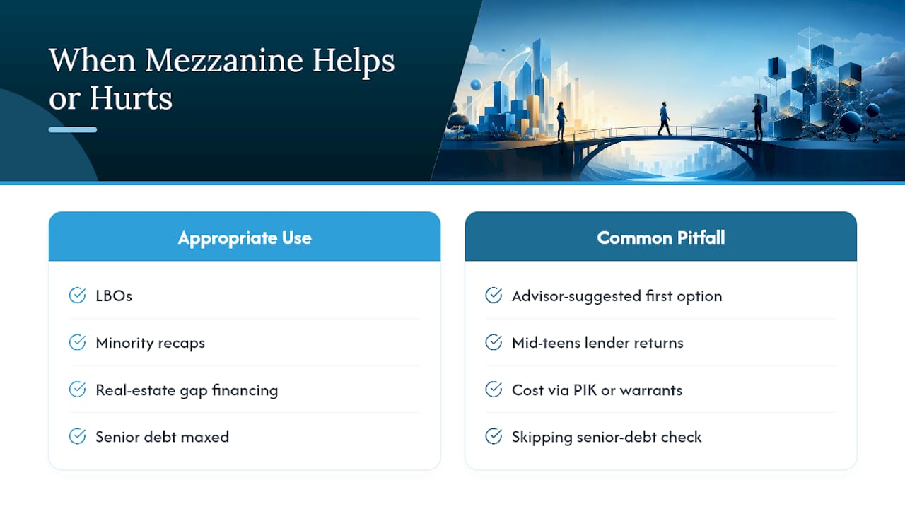 Our Take: Mezzanine Solves a Real Problem, but It's Often the Expensive Default — overview diagram