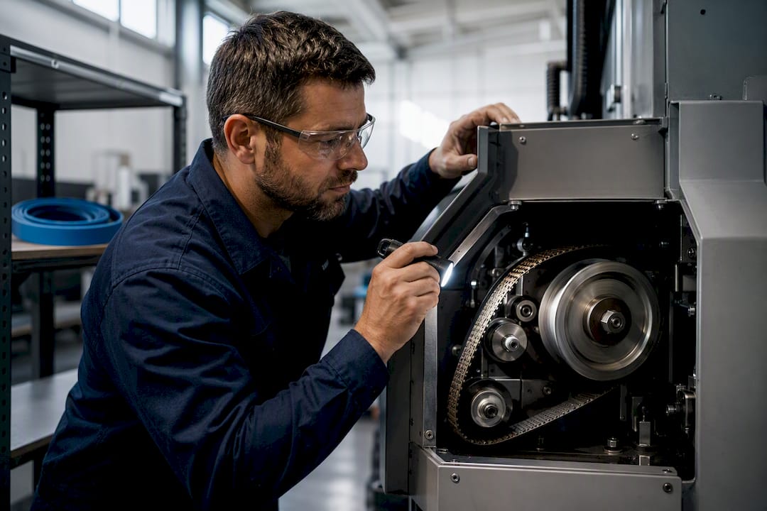 Technician inspecting industrial machinery components