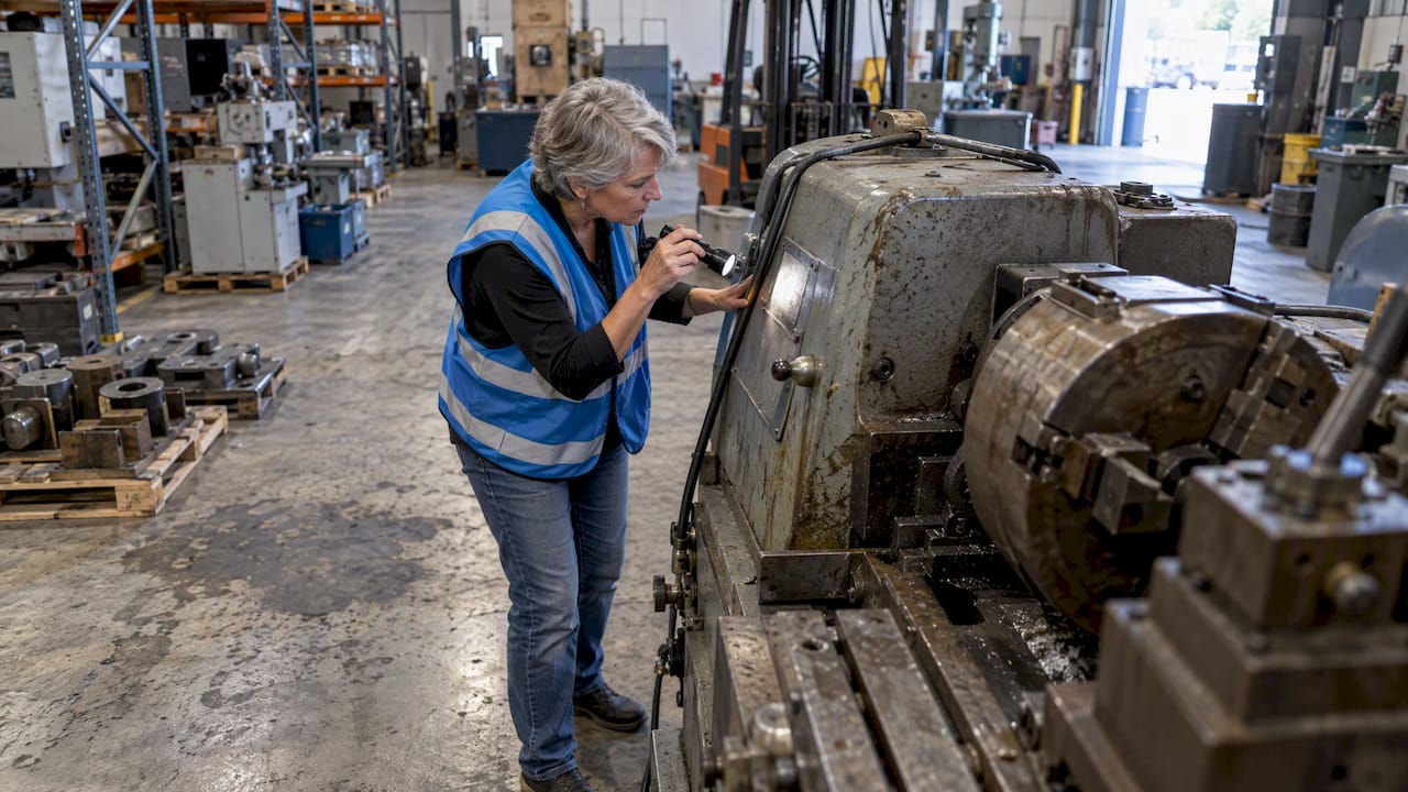 Appraiser inspecting industrial equipment value