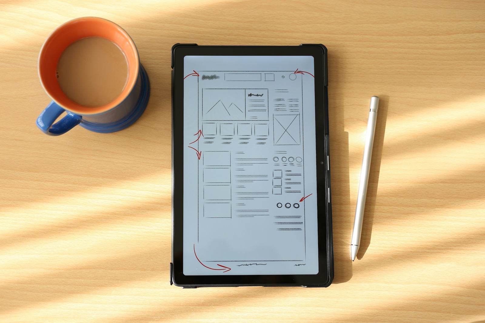 Stock image of tablet with web design low fidelity sketches. Website redesign services offered by Hello Minneaux.