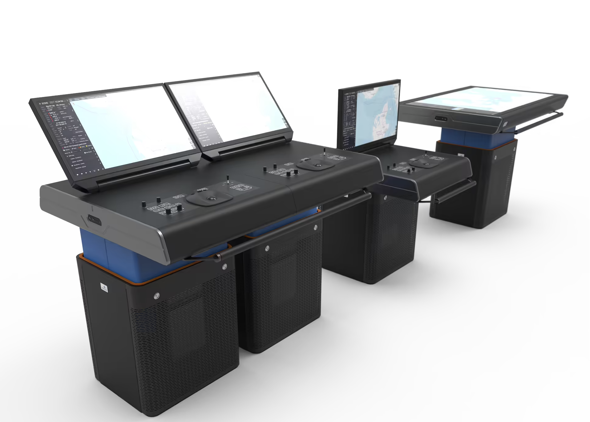 Integrated maritime navigation bridge console showcasing advanced ECDIS, radar, and vessel control displays, designed for safe and efficient ship operations.