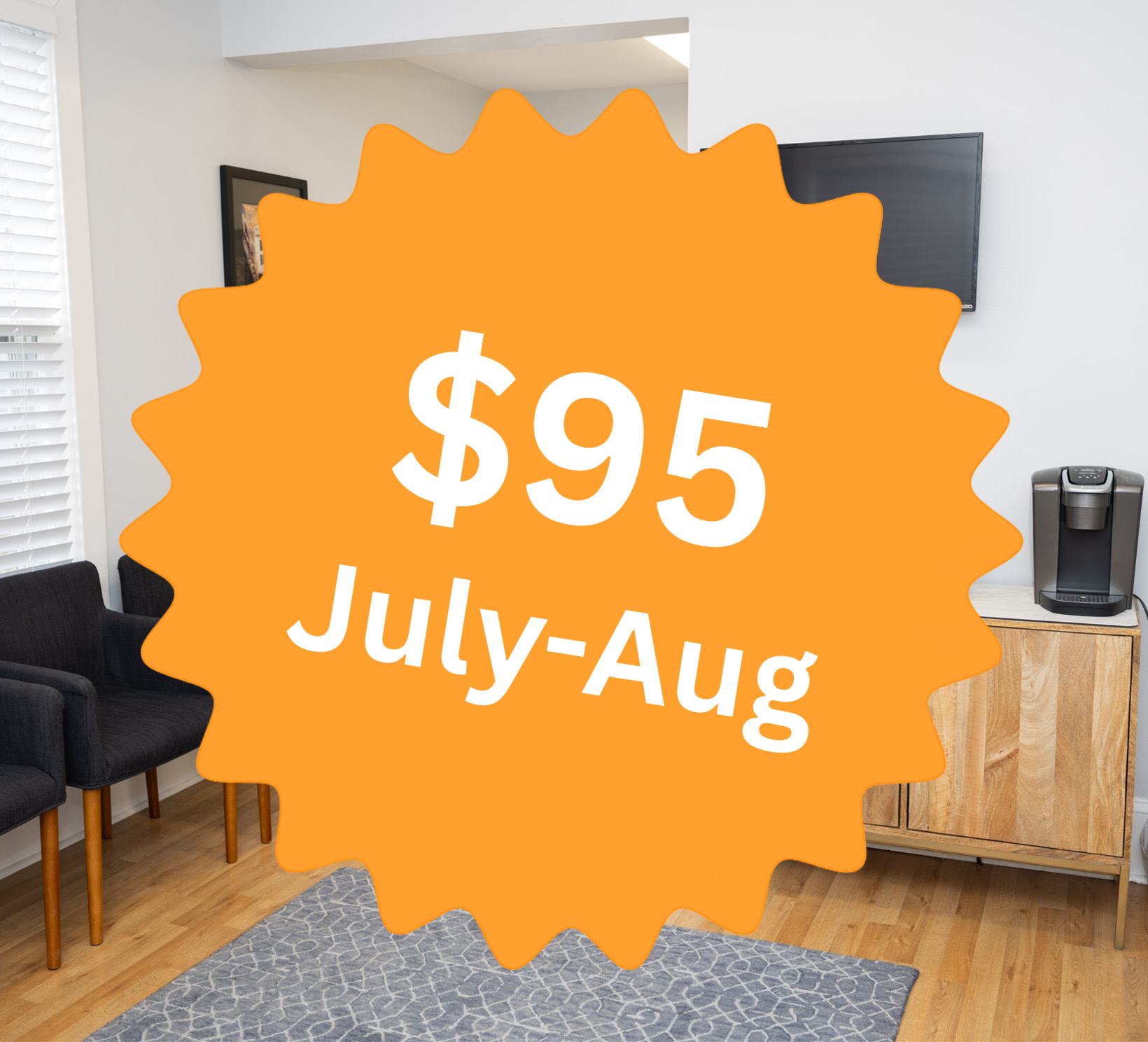 Office waiting room with sunburst of $95 New Patient Special overlaid