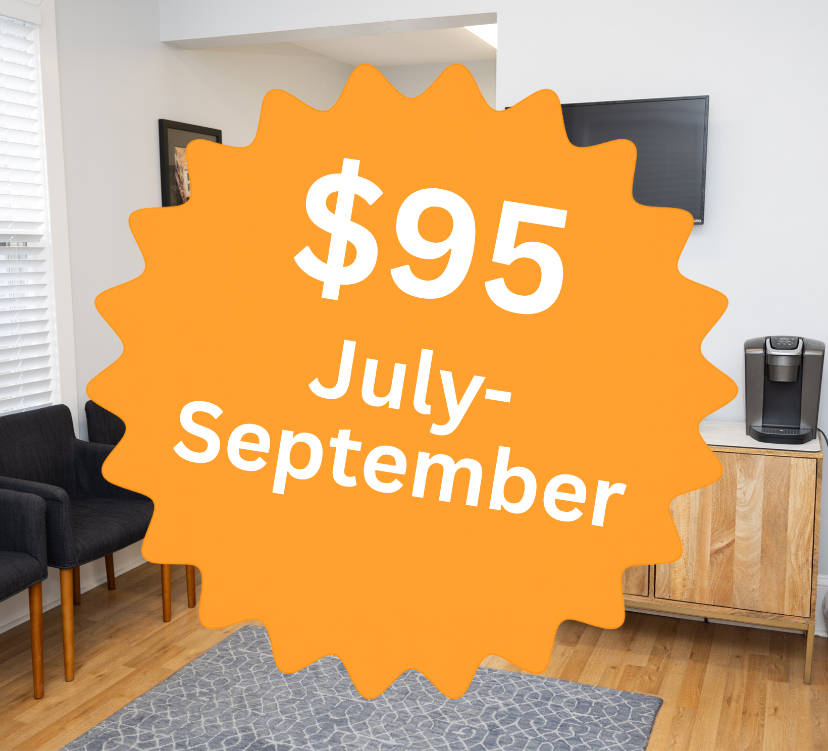 Office waiting room with sunburst of $95 New Patient Special overlaid