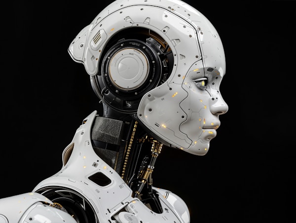 A face of a humanoid robot, side view on black background
