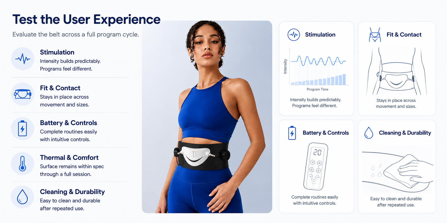 Buyer testing an EMS belt through a full program cycle