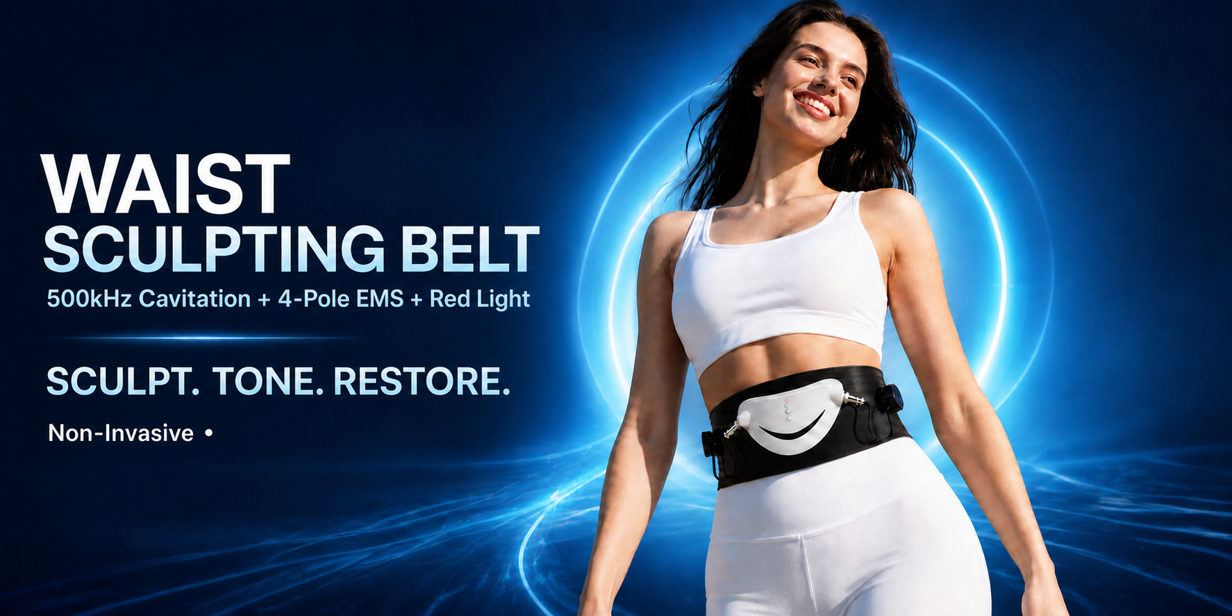 Woman wearing a waist sculpting belt in a conceptual product scene