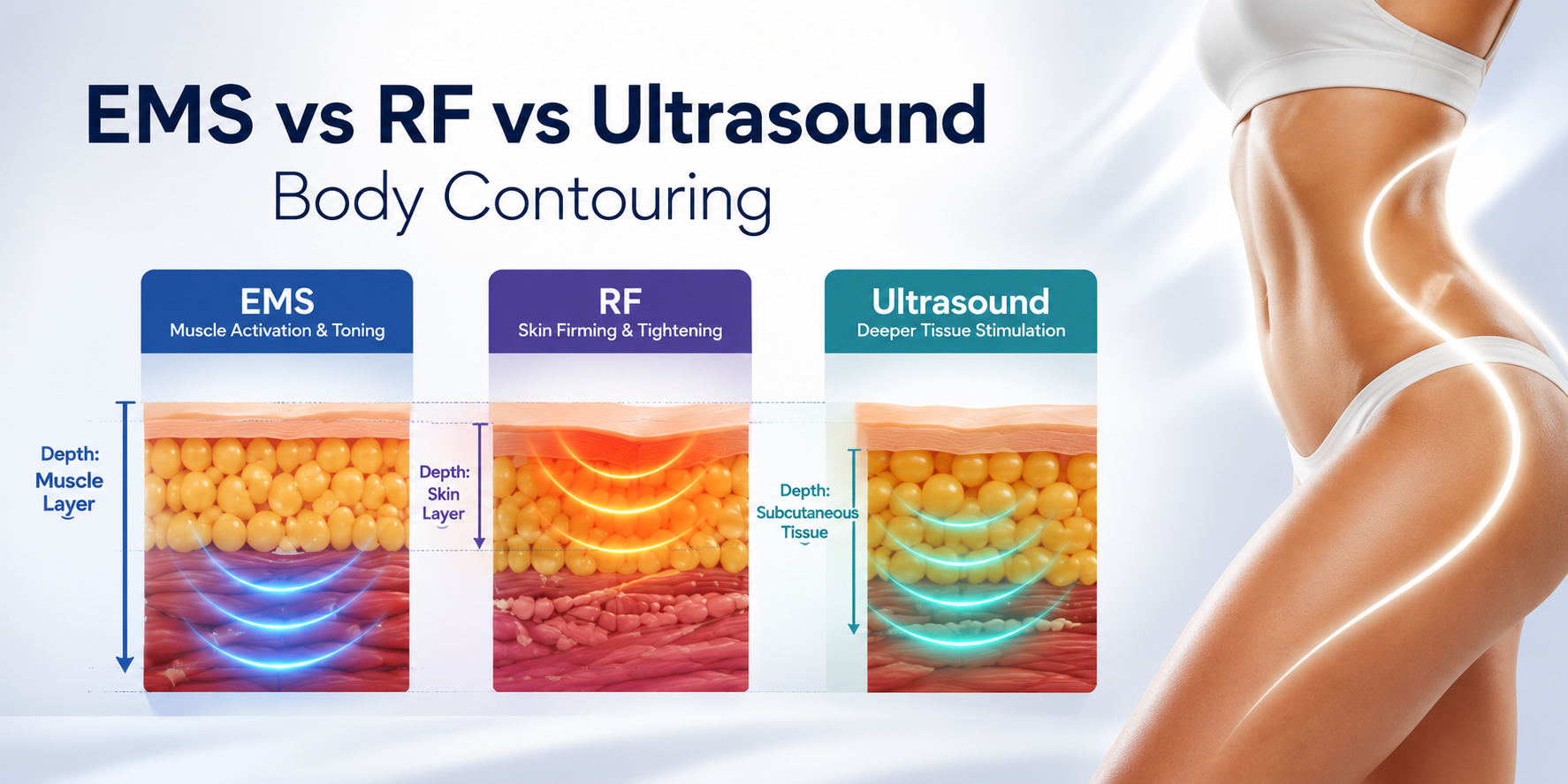 EMS, RF and ultrasound body contouring comparison visual by LecSnow