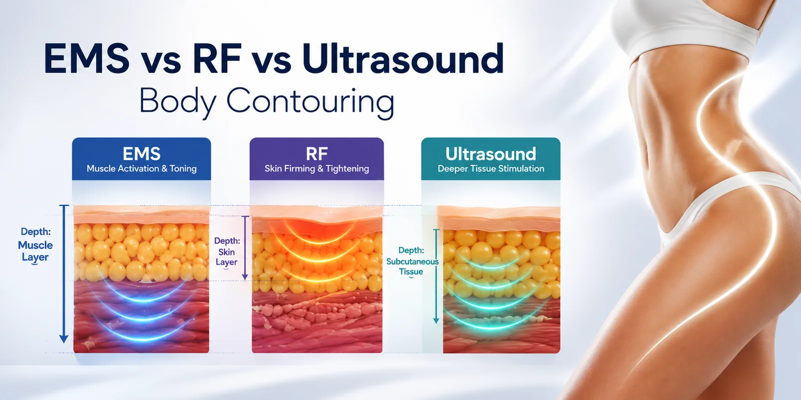 EMS, RF and ultrasound body contouring comparison visual by LecSnow