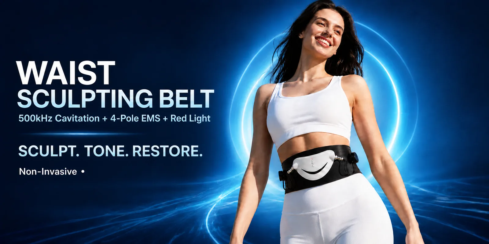 Woman wearing a waist sculpting belt in a conceptual product scene