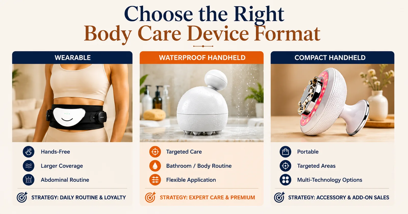 Wearable, waterproof handheld, and compact handheld body care device formats compared for private label manufacturing