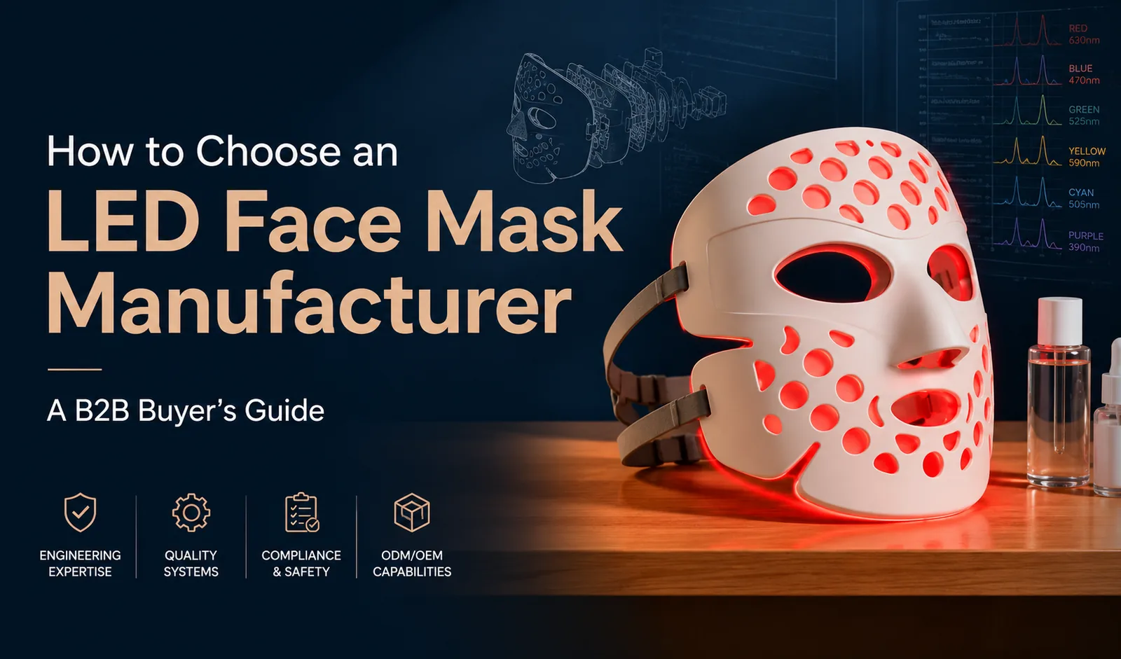 How to choose an LED face mask manufacturer: hero image showing LED mask with engineering and compliance icons