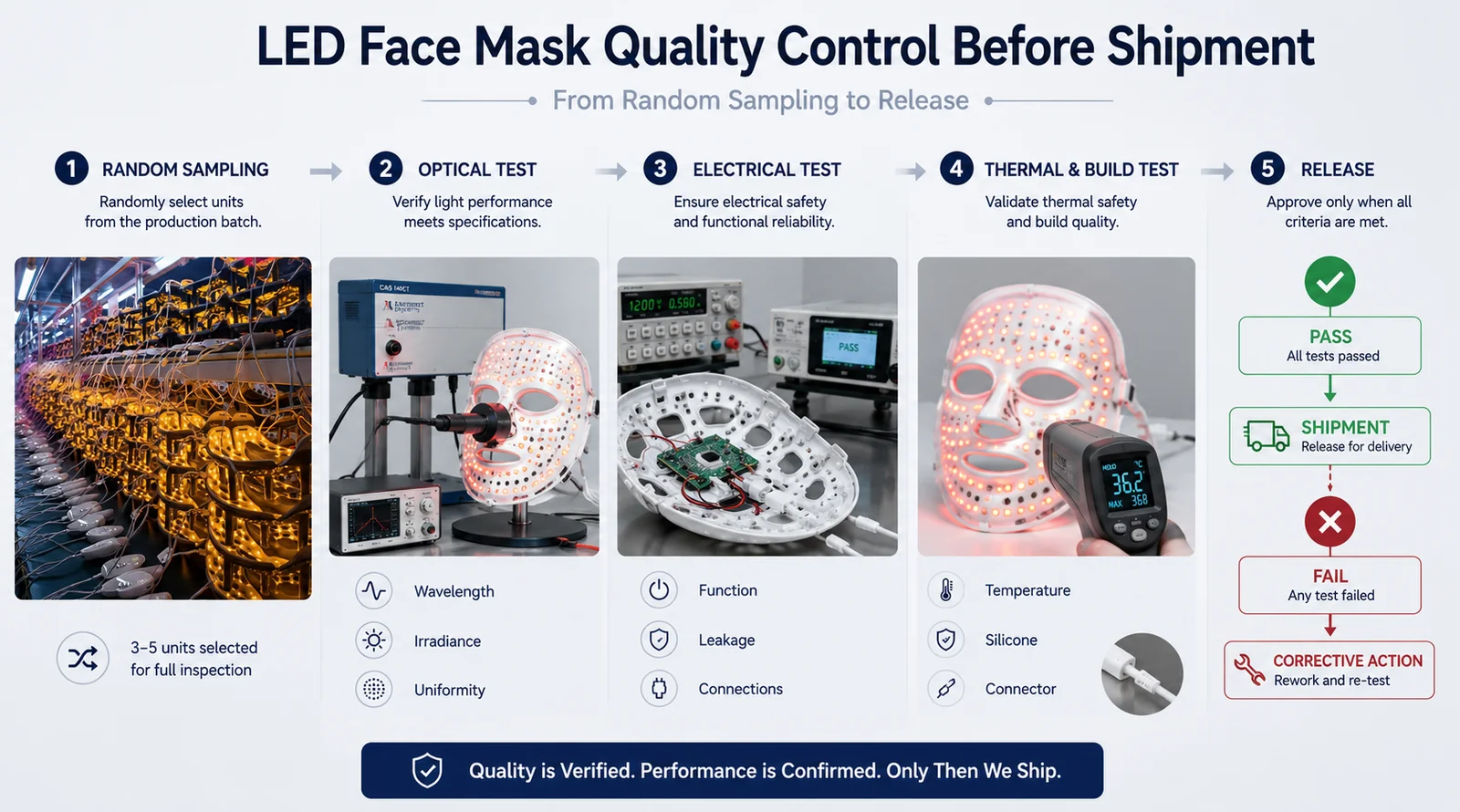 LED face mask quality control before shipment: random sampling, optical, electrical, thermal and build test, then release