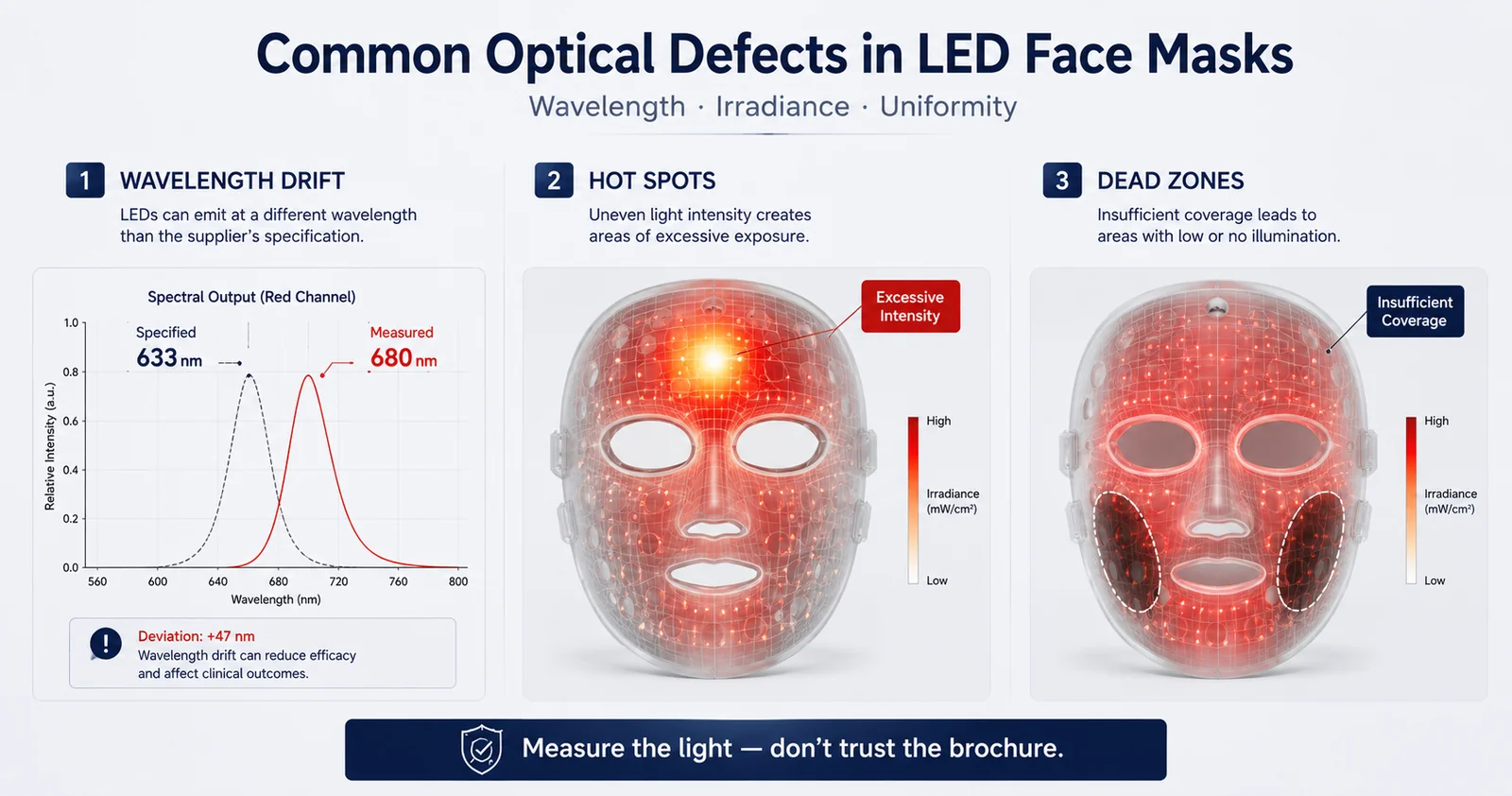 Common optical defects in LED face masks: wavelength drift (633nm vs 680nm), hot spots, and dead zones