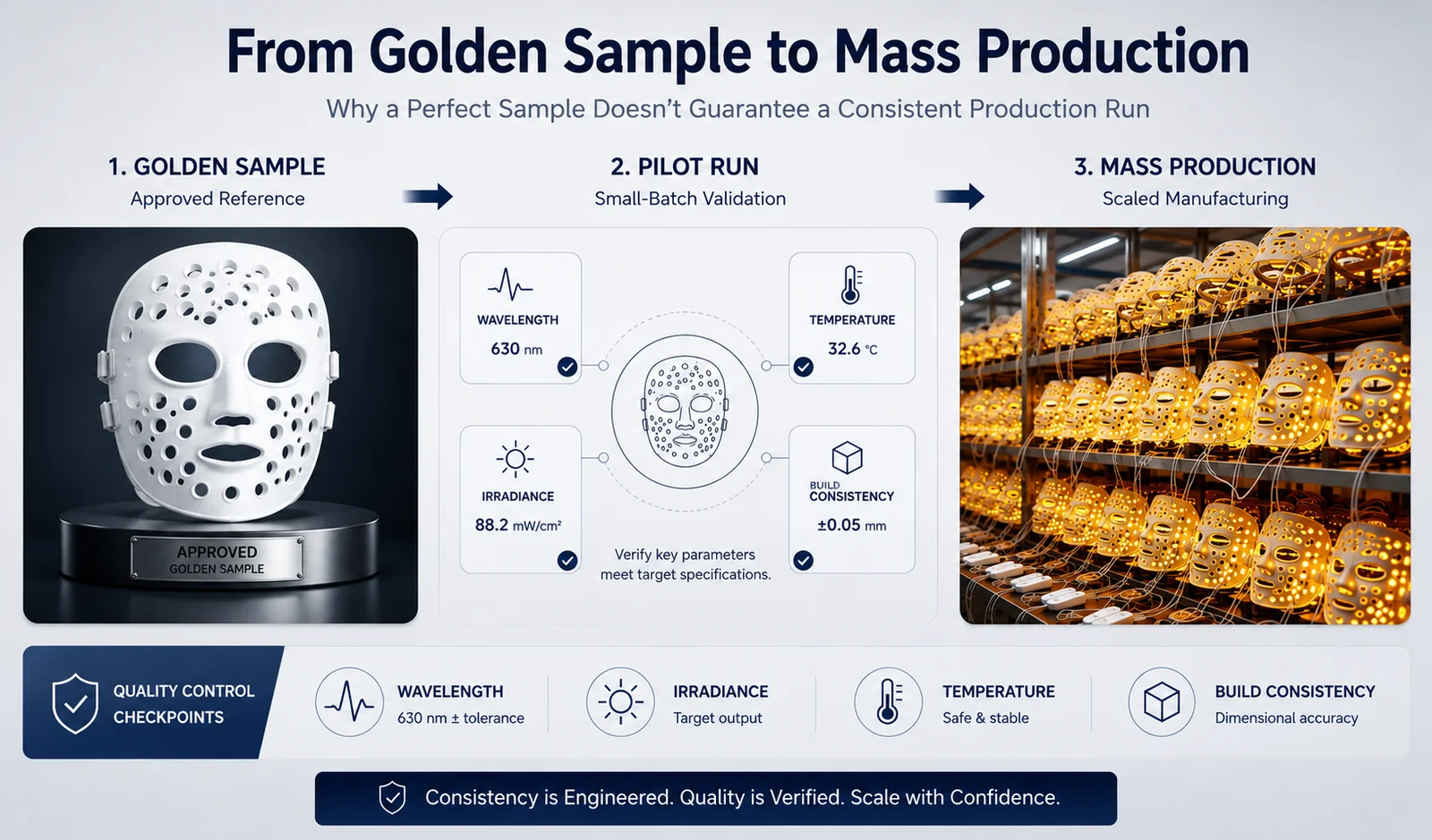 From golden sample to mass production: wavelength, irradiance, temperature, and build consistency checkpoints