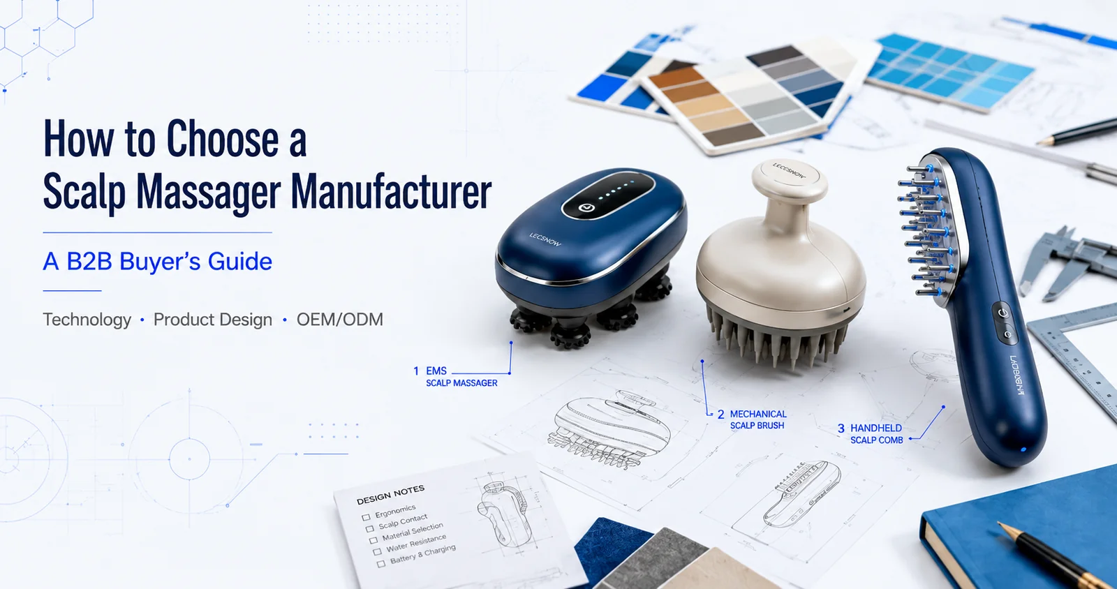 Three scalp massager form factors — handheld comb, vibration scalp brush, and multi-head EMS device — with a manufacturer's design notes, framed as a B2B buyer's guide
