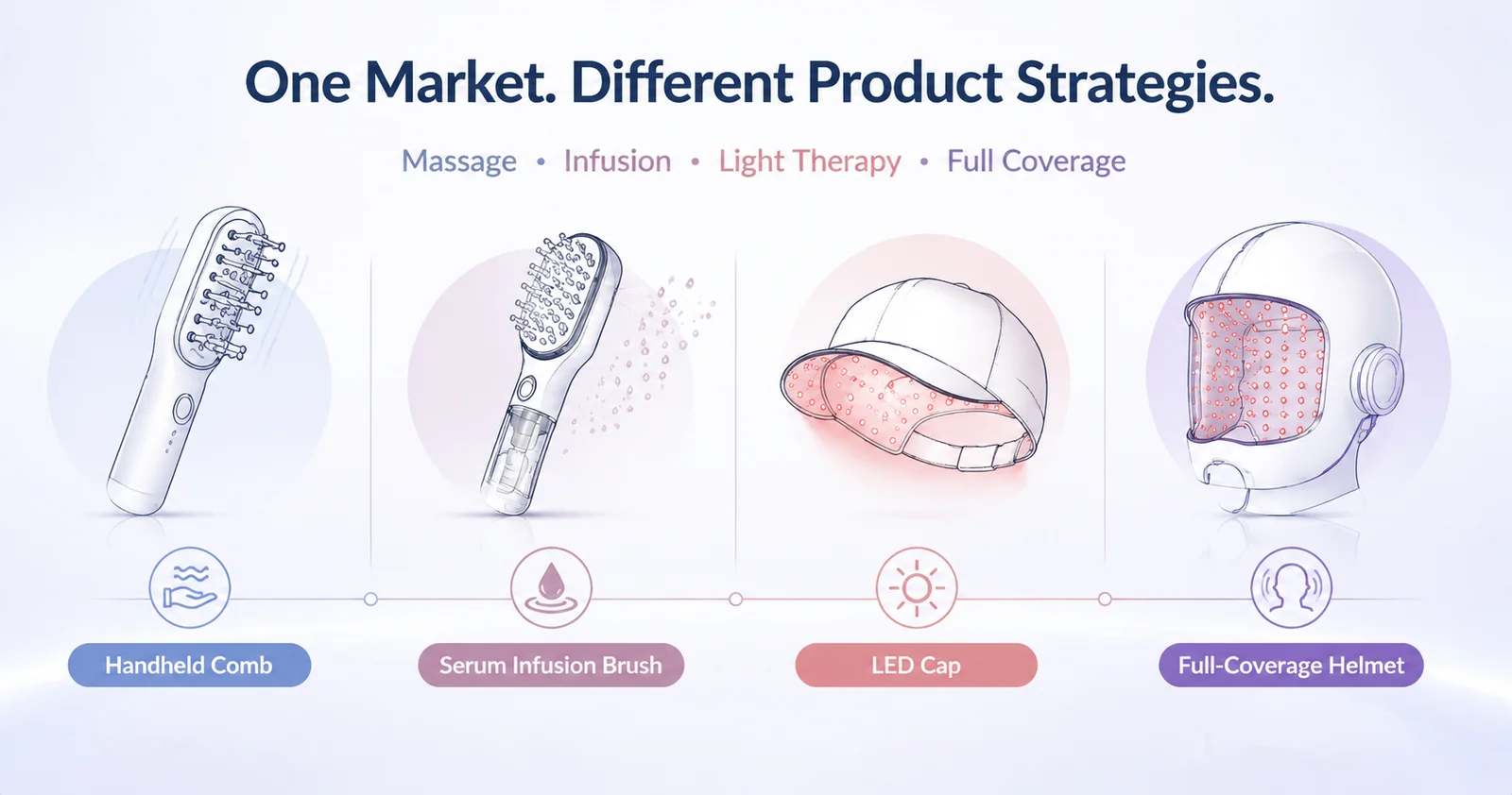 Four product formats in one scalp-care market: handheld comb, serum infusion brush, LED cap, and full-coverage helmet for product managers evaluating an electric scalp massager manufacturer