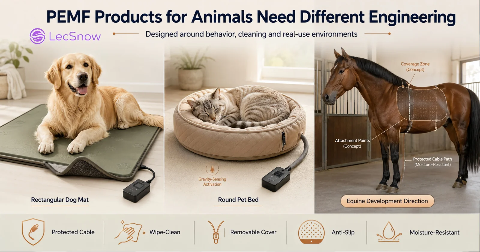 PEMF products for animals need different engineering: rectangular dog mat, round pet bed and equine development direction with protected cable, wipe-clean cover and moisture resistance