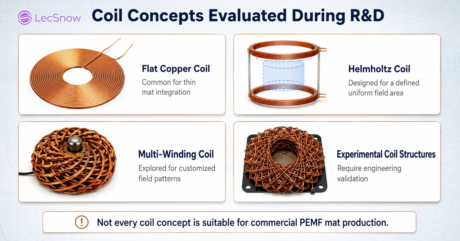Comparison of PEMF coil concepts evaluated during R&D: flat copper coil, Helmholtz coil, multi-winding coil and experimental coil structures for commercial PEMF mat production