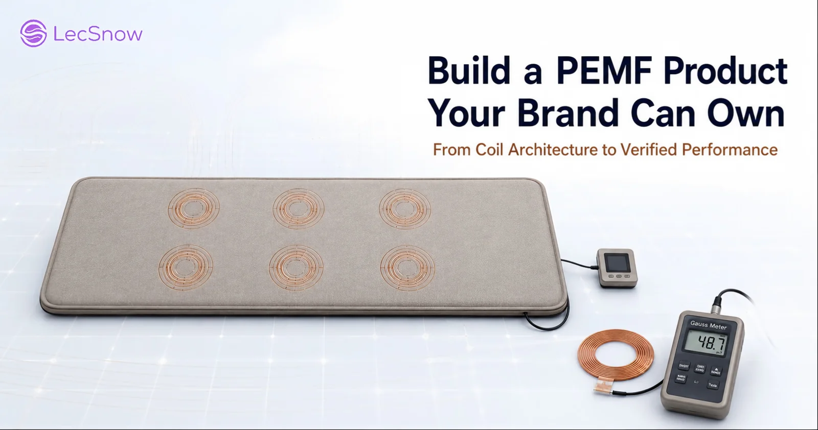 Custom PEMF product architecture diagram showing six pillars: application, coil architecture, magnetic field, frequency and waveform, controller and programs, materials and product format