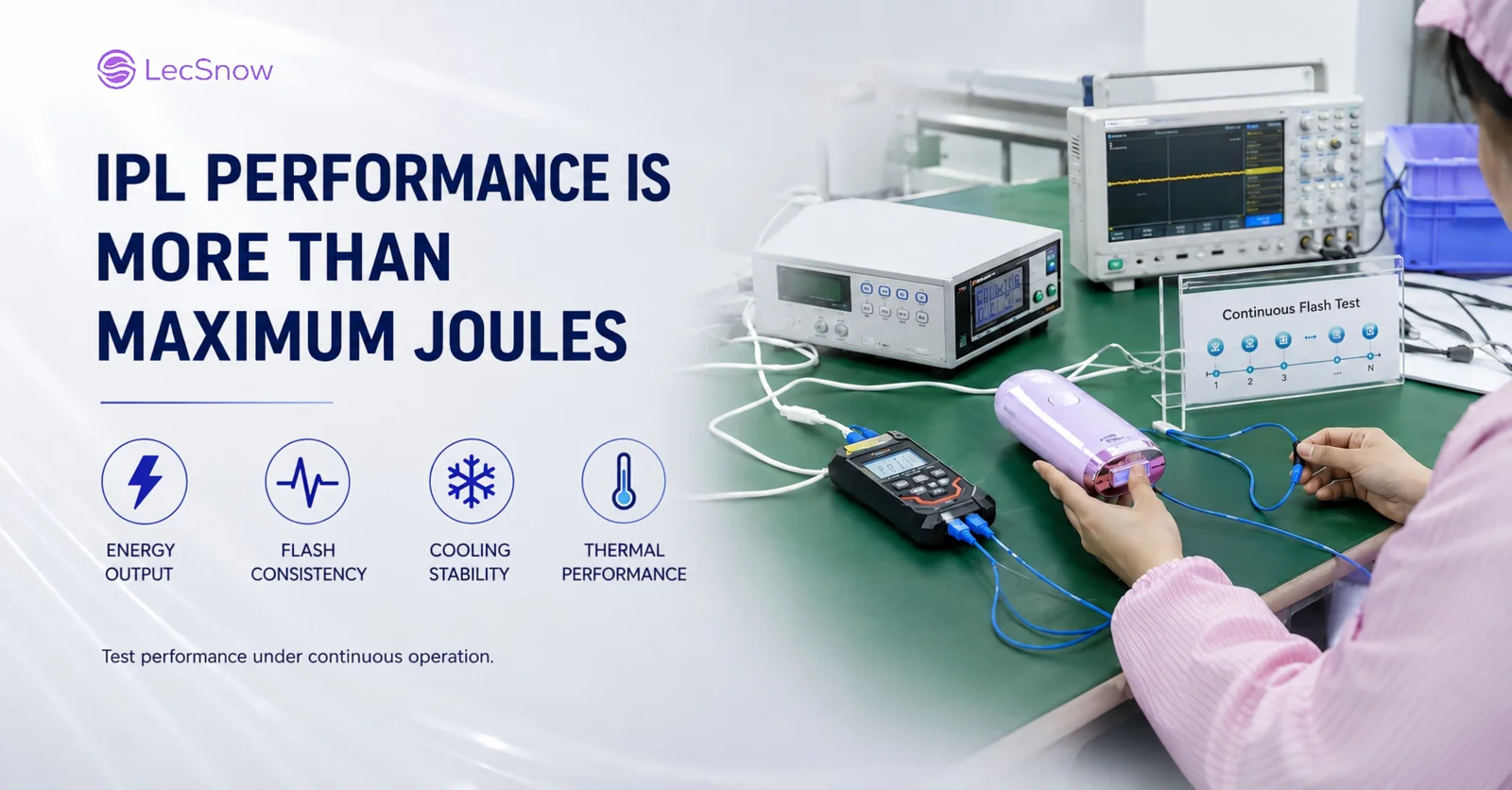 IPL hair removal device performance testing for energy output, flash consistency, cooling stability and thermal performance