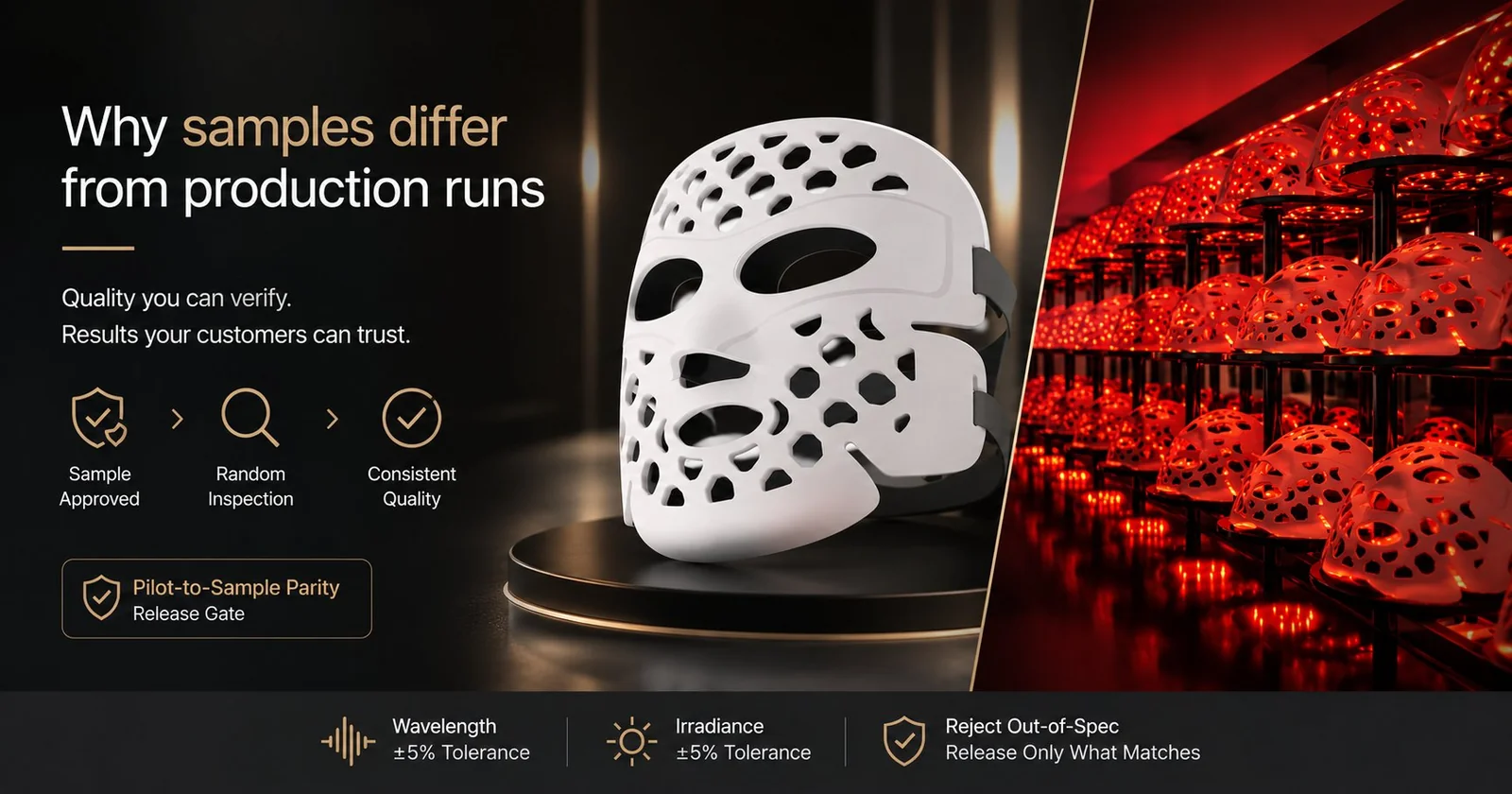 Why samples differ from production runs: LecSnow LED face mask production line, sample-to-batch quality comparison.