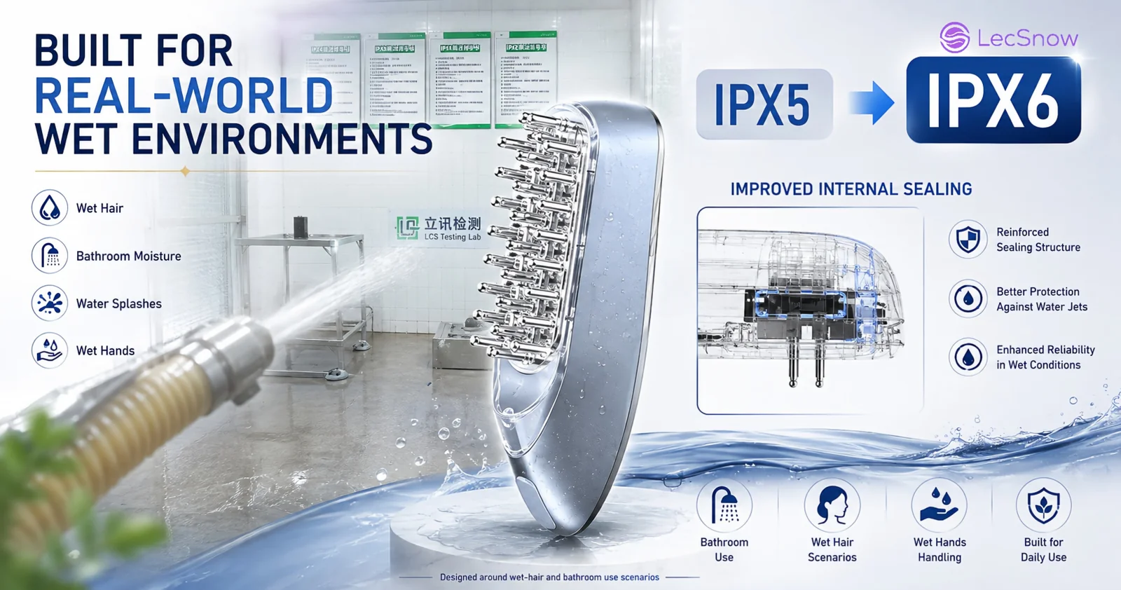 Scalp care device water resistance upgrade from IPX5 to IPX6 for bathroom, wet-hair and wet-hand use