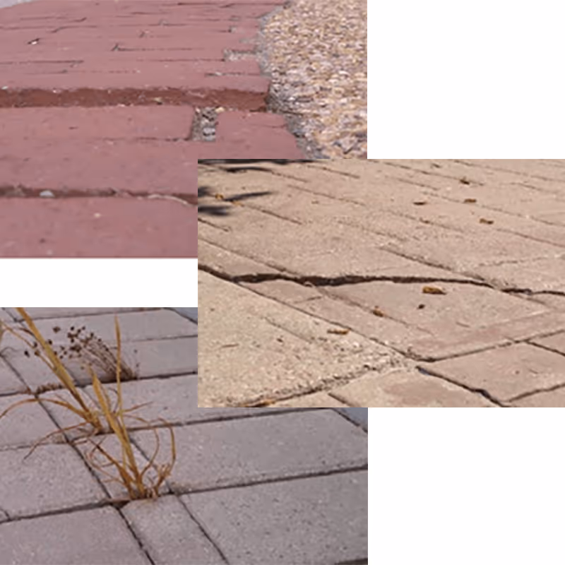 Examples of cracked and overgrown bricks that are not performing as well as stamped asphalt