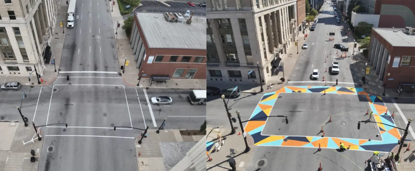 Bird's eye view of a before and after comparison of the same crosswalk with and without SB coatings