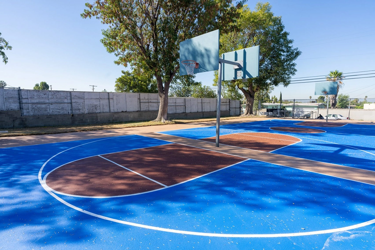 refinished blue basketball court