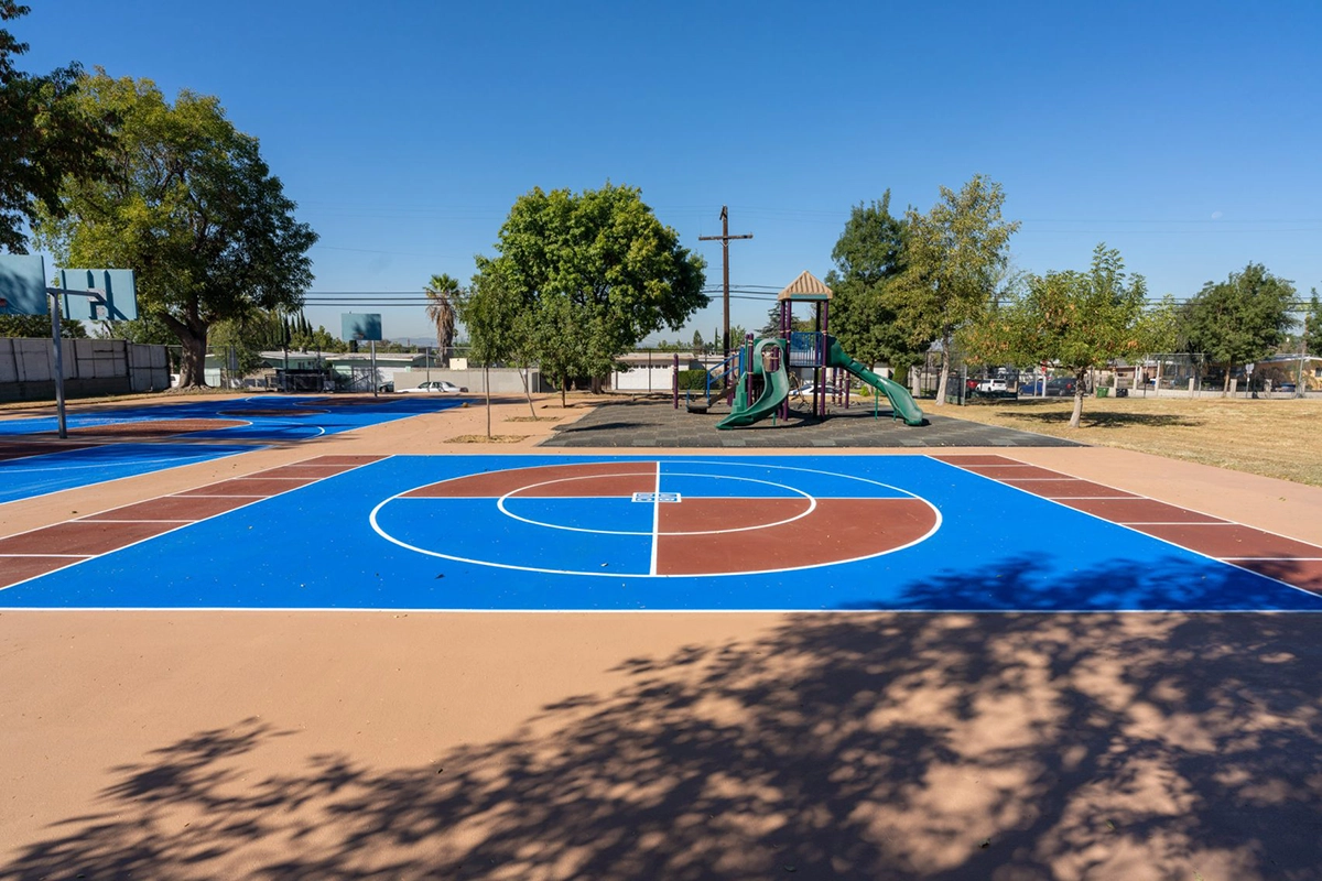 refinished blue basketball court