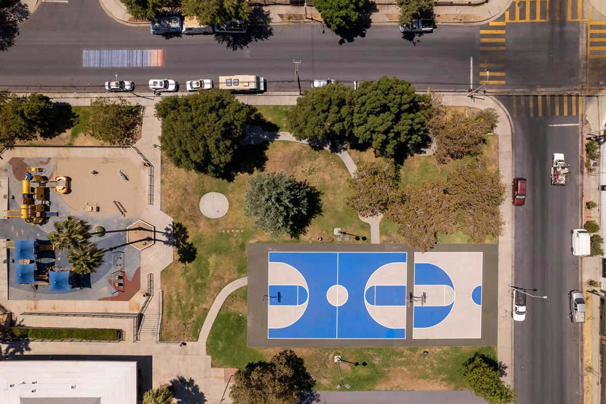 refinished blue basketball court