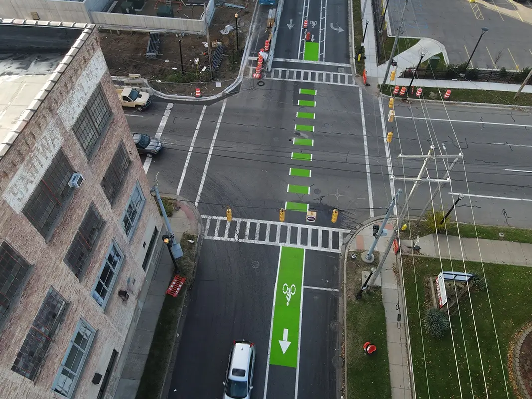 drone photo of bike lane in Kalamazoo, MI