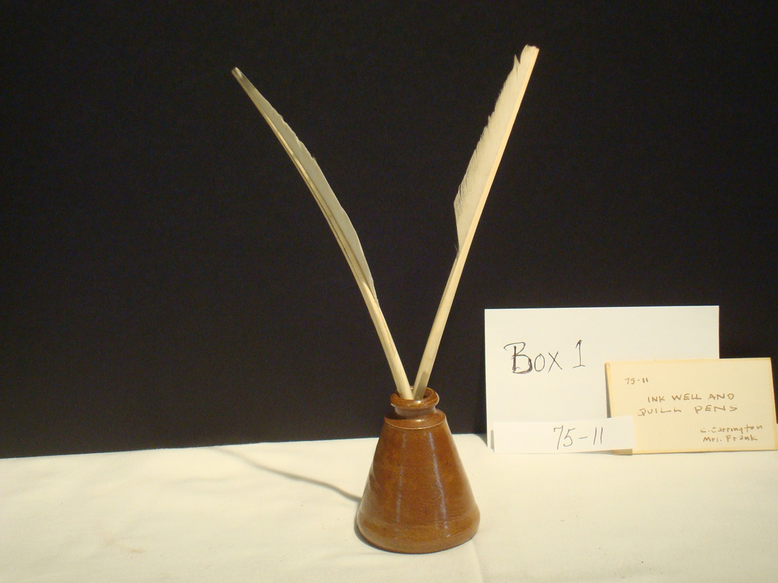 nk well and quill pens belonging to Mrs. Frank (Cora) Carrington, preserved in Box 1, reflecting 19th-century writing tools and personal artifacts from Monterey, Massachusetts.