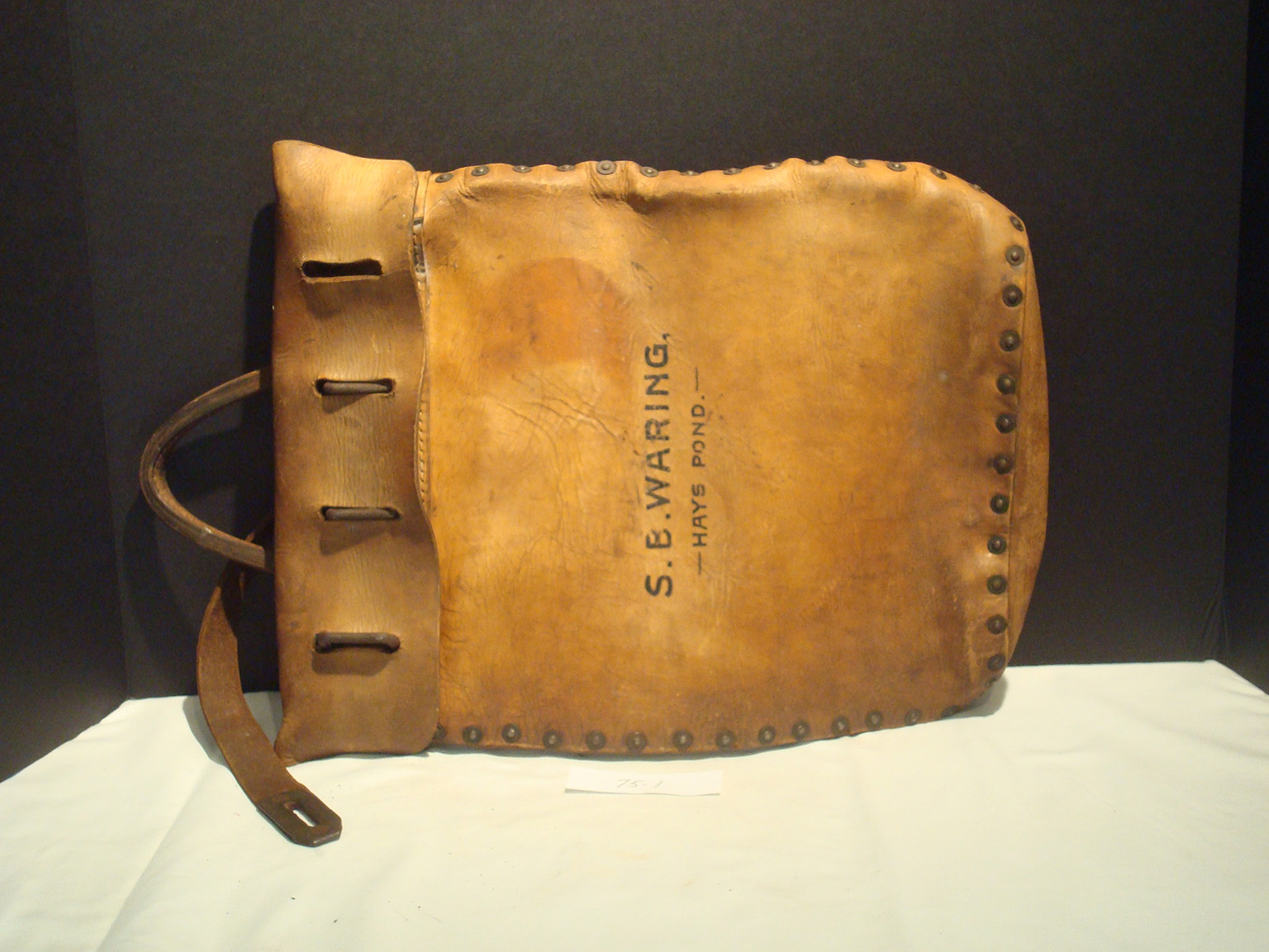 Historic leather mail pouch inscribed with “S. B. Waring, Hays Pond,” offering a glimpse into early postal delivery and personal correspondence in the Monterey, Massachusetts area.