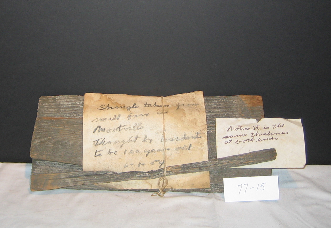 Shingles removed from a small barn in Montville on June 1, 1954, believed to be 100 years old, notable for being the same thickness at both ends — an example of historic building materials near Monterey, Massachusetts.