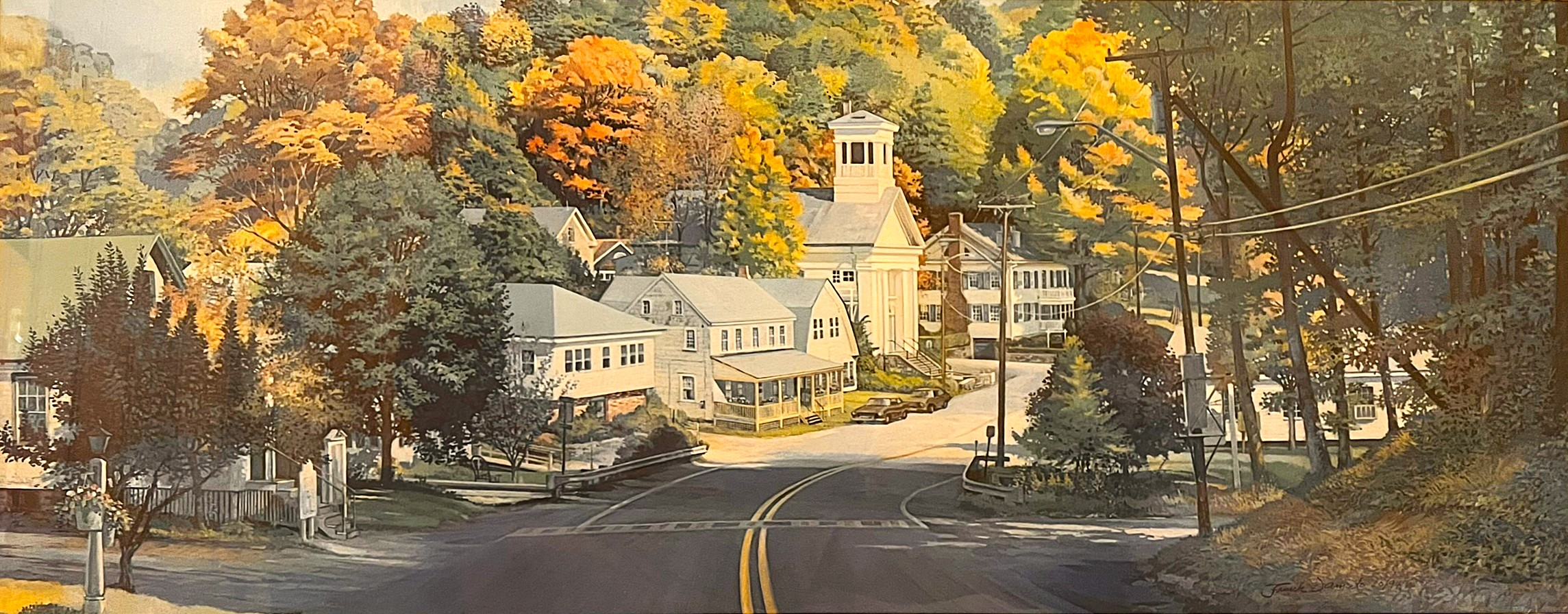 Fall landscape of Monterey, Massachusetts painted by Frank D’Amato, showing the village surrounded by colorful foliage.