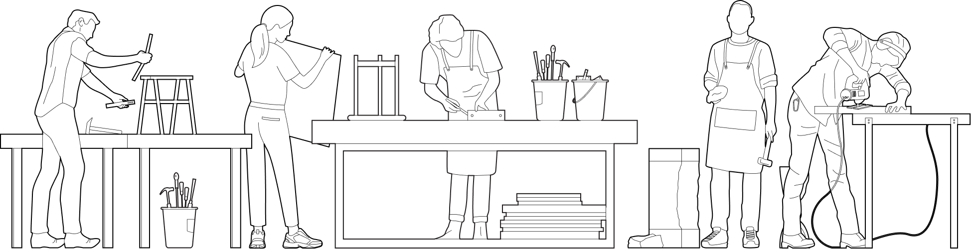 Black and white illustration of five people working on woodworking and construction tasks with tools and plans.