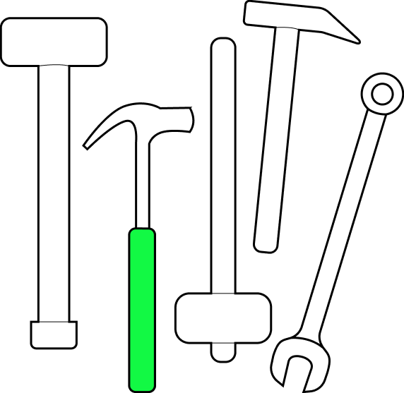 Illustration of five white hand tools, including a sledgehammer, claw hammer with a green handle, mallet, nail puller, and a wrench on a black background.