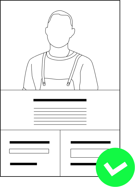 Line drawing of a person in overalls above text blocks and a green checkmark on the bottom right.