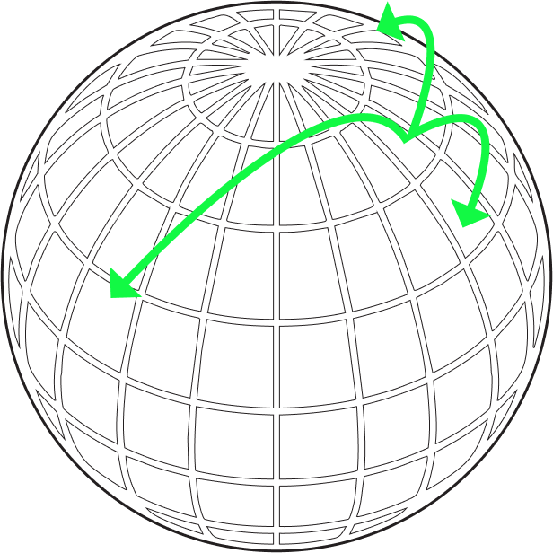 Wireframe globe with three green arrows indicating different curved paths across its surface.
