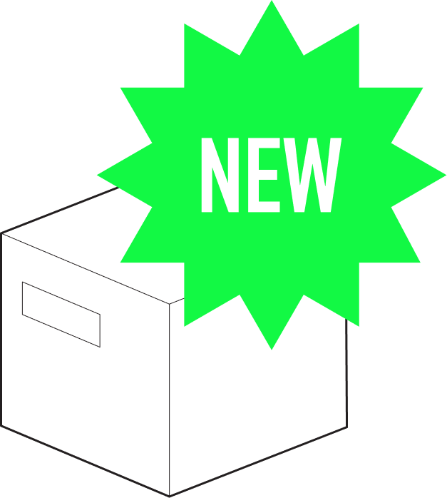 White box with a bright green starburst label that says 'NEW'.
