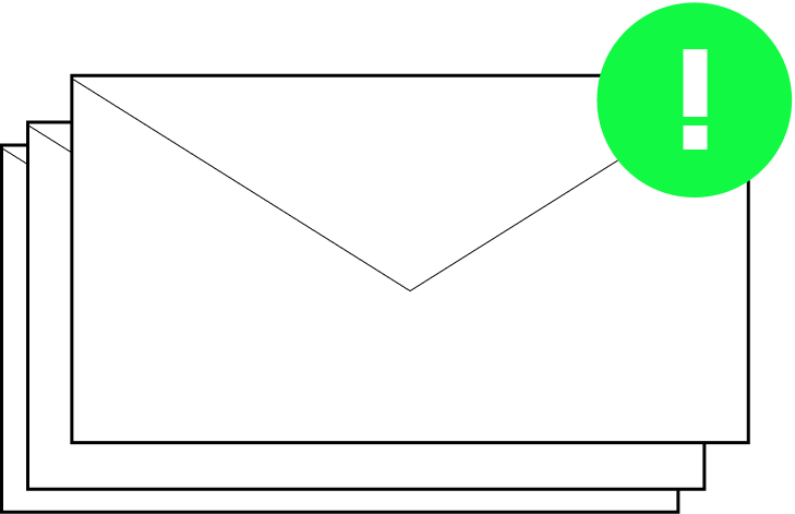 Stack of white envelopes with a green circular notification displaying an exclamation mark.
