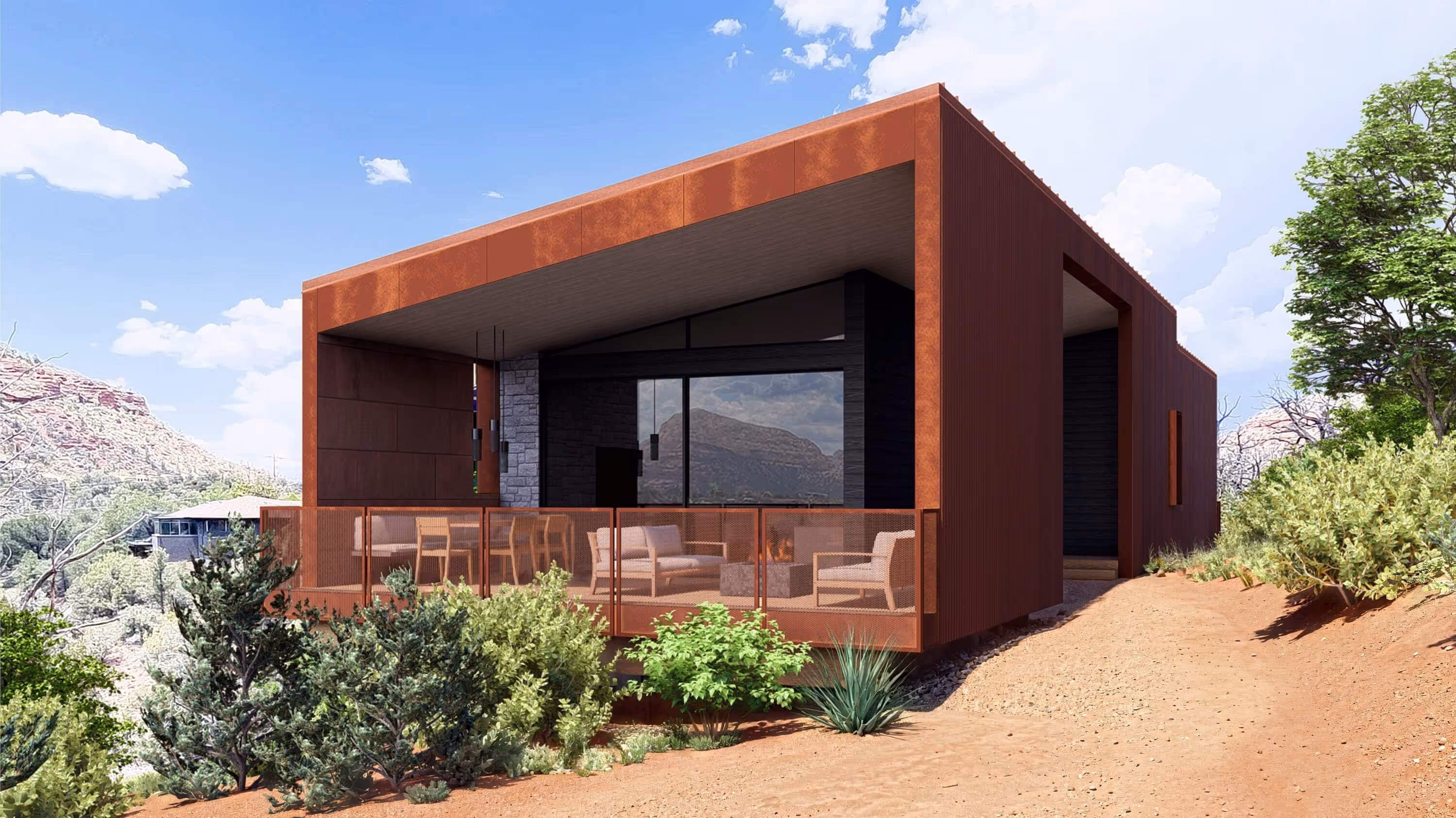 Back porch of Kit, a short term rental designed by The Ranch Mine, in Sedona, AZ