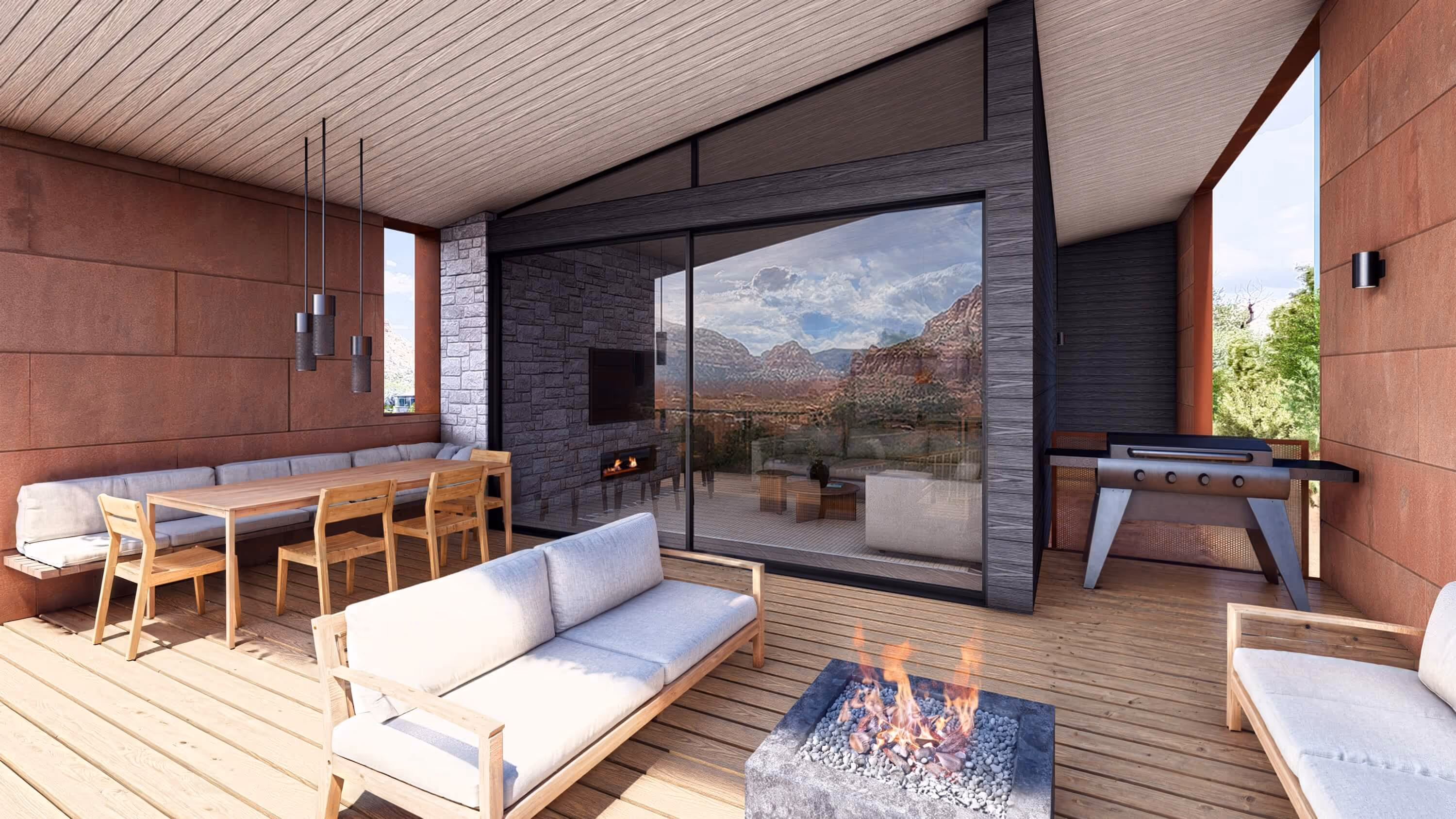 Outdoor living area (with firepit) of Kit, a short term rental designed by The Ranch Mine, in Sedona, AZ