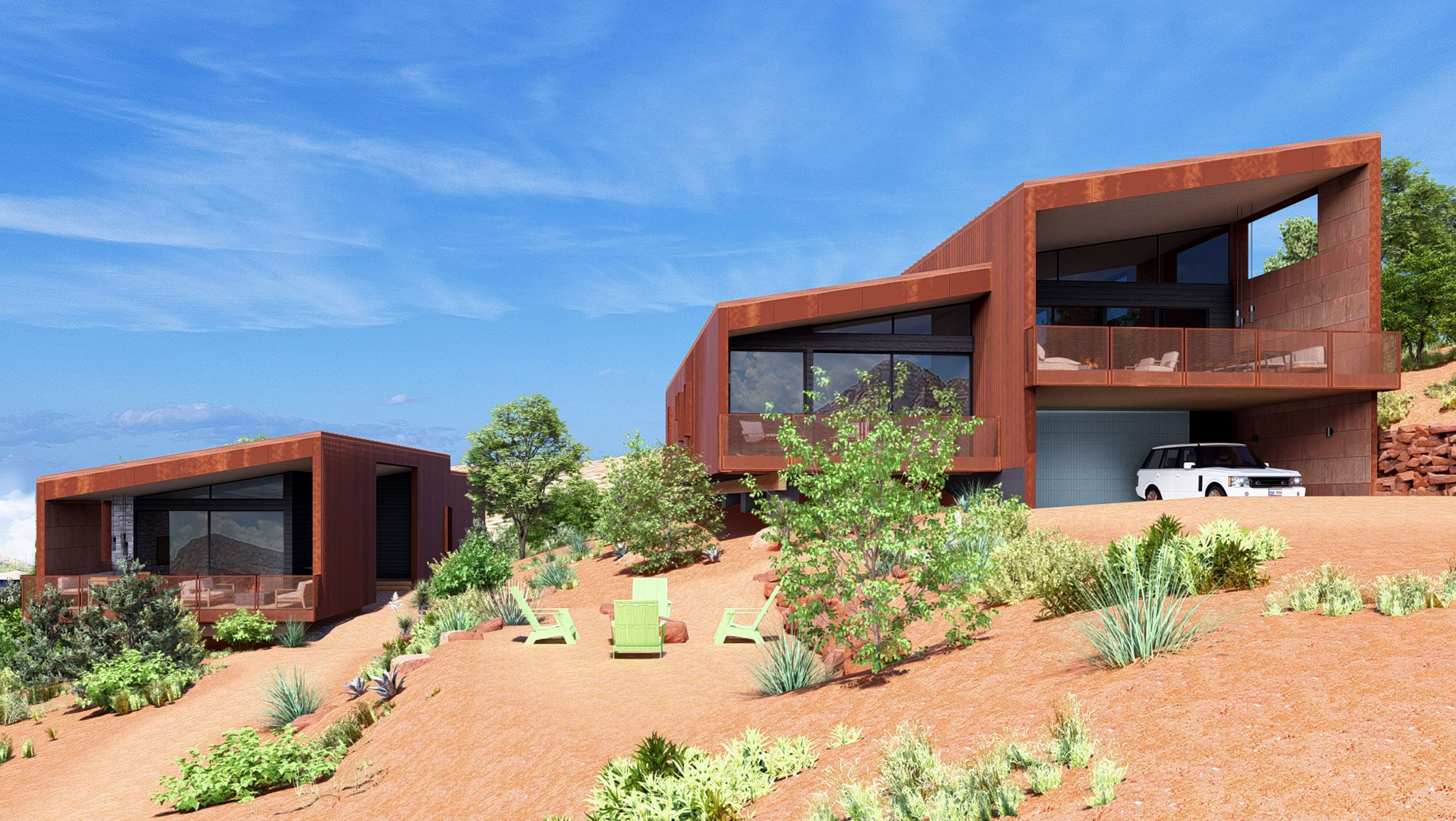 Front elevation of Fox & Kit - a short term rental property with two homes designed by The Ranch Mine - against the red rocks of Sedona, AZ