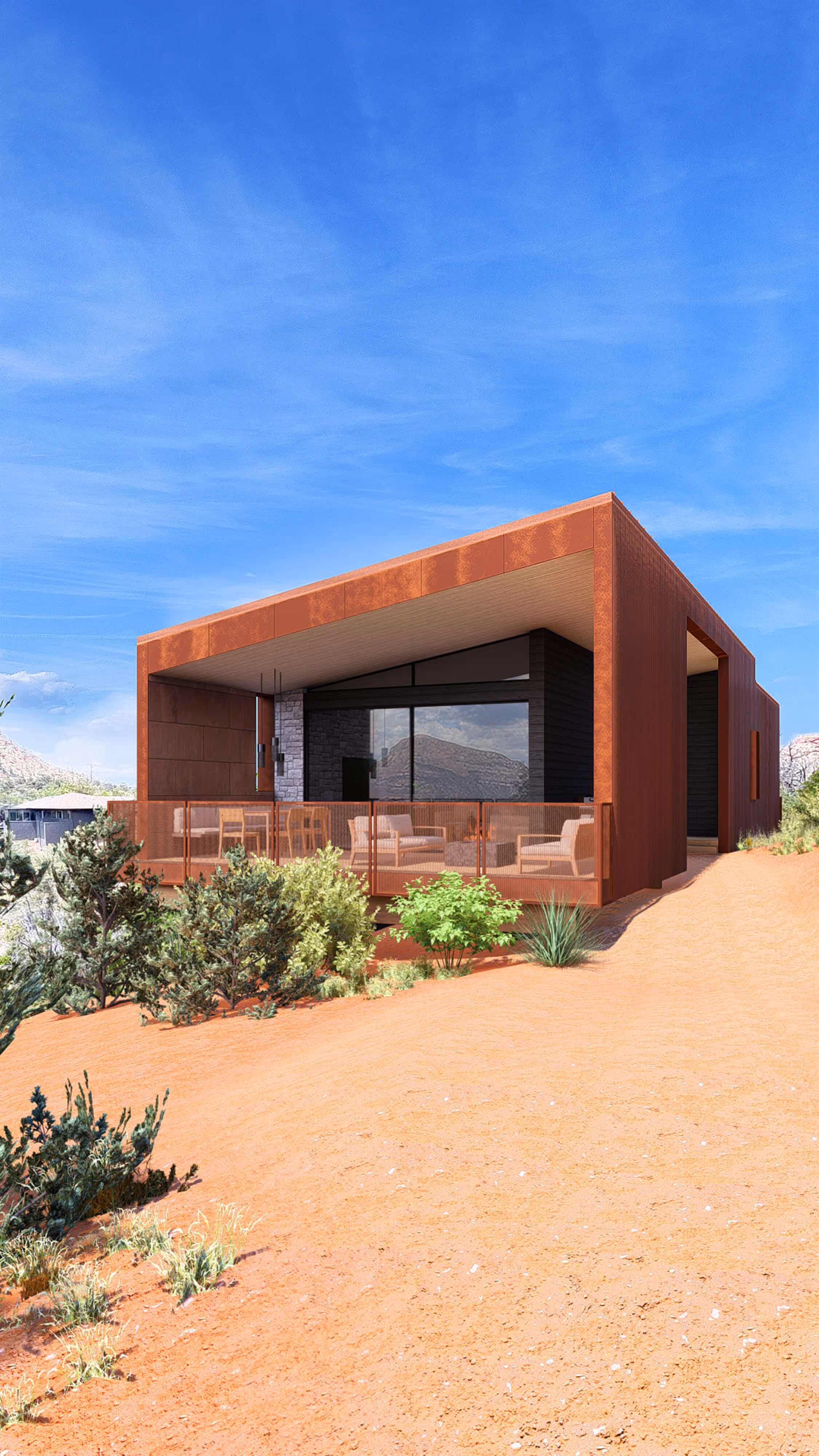 Back porch of Kit, a short term rental designed by The Ranch Mine, in Sedona, AZ